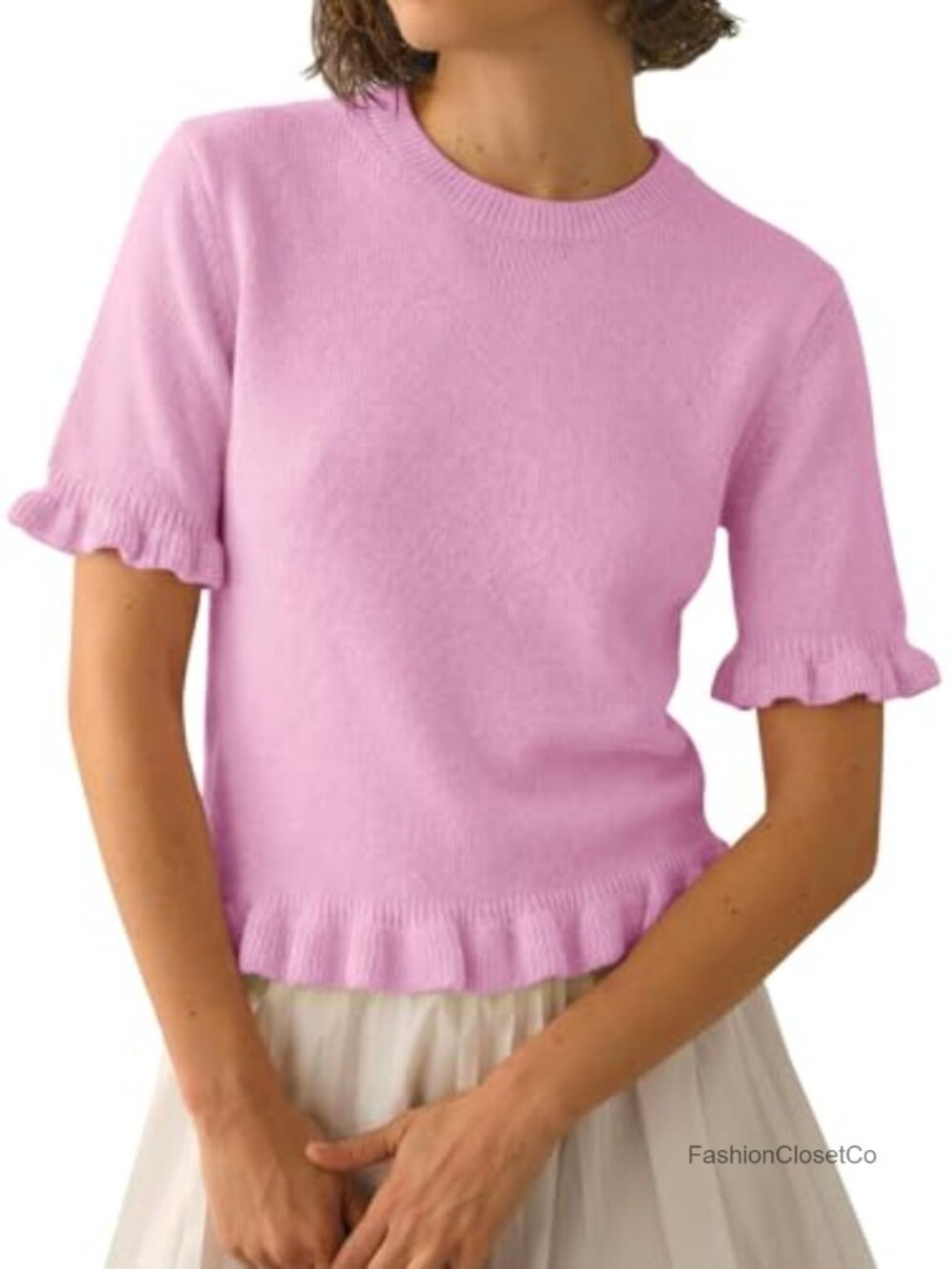 Womens Ruffle Short Sleeve Cropped Peplum Sweater Knit Top